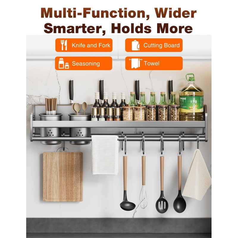 Vireldora utensil hanger, wall mounted kitchen rail with hooks, waterproof