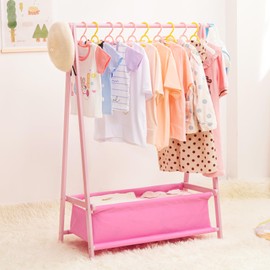 Cozivolife Kids Clothing Rack with Storage Box, Dress up Holder, Child Garment Hanger with Hanging Rods, Small and Foldable, Bamboo (Pink)