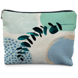 RYYCDOI Abstract Boho Blue and Green Makeup Bag, Trendy Botanical Cosmetic Bags for Women, Boho Gifts for Women, Eucalyptus Leaf Botanical Zipper Makeup Pouch