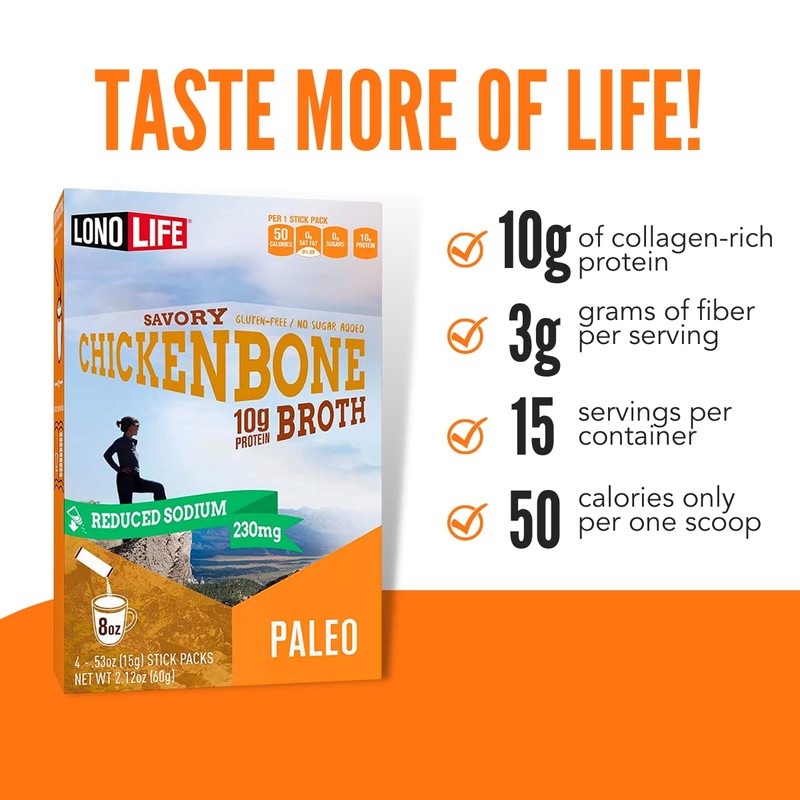 LonoLife Reduced Sodium Chicken Bone Broth Powder Mix | 10g