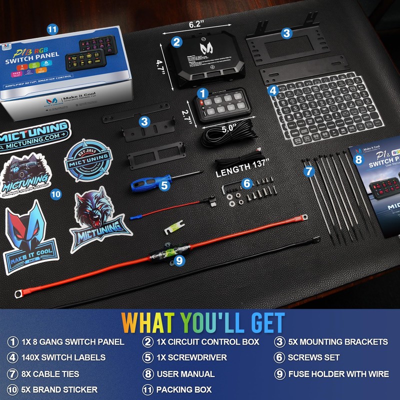 MICTUNING P1B RGB 8 Gang Switch Panel, Multifunction Toggle Momentary