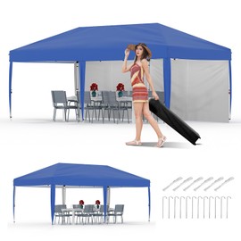 10x20 Pop Up Canopy with 2 Sidewalls - Heavy Duty Outdoor Canopy Tent with Portable Roller Bag - 3 Adjustable Height, 4 Weight Bags, 8 Stakes & 6 Guy Ropes Included, Blue