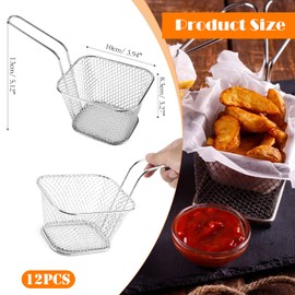 12 Pcs Mini Square Fry Basket Set Stainless Steel French Fry Holder - Reusable Deep Fryer Baskets with Handles for French Fries, Kitchen, Restaurant, and Barbecue (Silver)