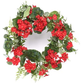 dé 24 Inch Red Geranium Wreath on Hand Tied Twig Base, Artificial Floral, Spring and Summer Front Door Wreath, Red, Green, Brown