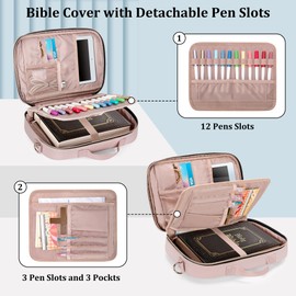 Teamoy Bible Cover for Men Women, Large Bible Book Cover Church Bag Carrying Case with Shoulder Strap and Detachable Pen Slots, Pink Quilted