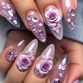 Vopintpy Pink Rose Press on Nails Long Almond Fake Nails Flower Rhinestones Acrylic Nails with Design Mirror Full Cover Glue on Nails Reusable Stick on Nails for Women DIY Charm Manicure