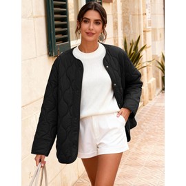 Flygo Women's Oversized Quilted Lightweight Jacket Button Down Puffer Padded Outerwear with Pocket(Black-M)