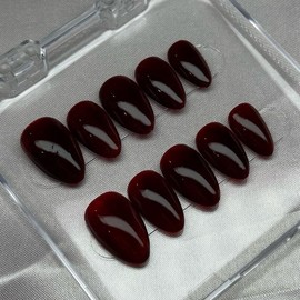 Handmade Press On Nails - Small Almond Cat Eye Red - High Quality Materials - Easy to Apply & Long Lasting - Includes Prep and Application Kit - Size: L