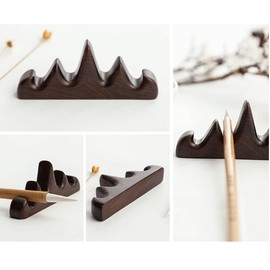 UtySty 2 Pack Calligraphy Pens Holder Brush Pen Stand Chinese Drawing Painting Writing Brushes Rest Rack Black Catalpa Wooden Shelf for Craft Pillow Dip Pen Color Wet Brushes Montain Style 4 Slots