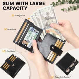 JEEBURYEE Women's Slim Leather RFID Blocking Bifold Wallet with Zipper Coin Pocket - Minimalist Small Credit Card Holder (Black)