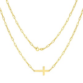 14k Yellow Gold Sideways Cross Paperclip Necklace with Spring Ring Clasp, 18"
