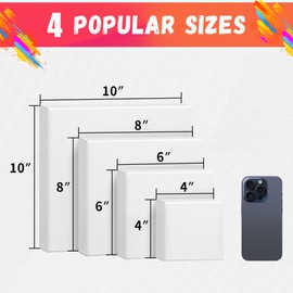 FIXSMITH Stretched Canvas for Painting, 4"x4", 6"x6", 8"x8", 10"x10", Pack of 4, Pre-Primed Canvases Wood Framed Canvas Boards for Oil Acrylic Paint, Acid-Free Painting Canvas for Kids &Artists