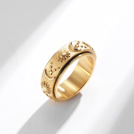 nylry Titanium Stainless Fidget Ring 8mm Moon Star Sun Spinner Rings Silver Gold Black Stress Relieving Anxiety Ring Wide Carved Worry Band for Women Men Teens Size 5-12 Gold Size 10, Stainless