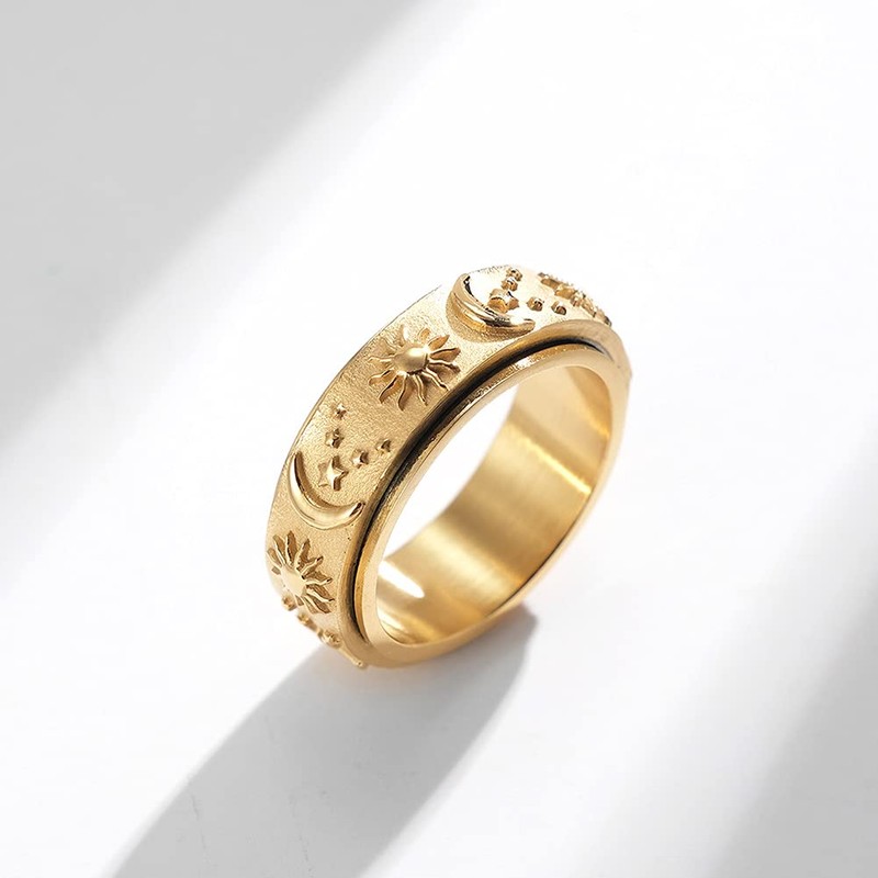 nylry Titanium Stainless Fidget Ring 8mm Moon Star Sun Spinner
