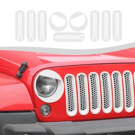 SQQP Mesh Grille Grill Insert+Angry Bird Style Headlight Turn Light Cover Trim Fit for 2007-2018 Jeep Wrangler JK JKU(White)