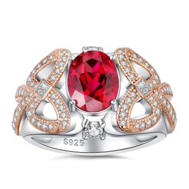 JewelryPalace Bowknot 2.4ct Oval Cut Created Red Ruby Solitaire Engagement Rings for Women, Art Deco Bow 14k Rose Gold Plated 925 Sterling Silver Promise Rings for Her, Vintage Gemstone Jewelry Gift 9