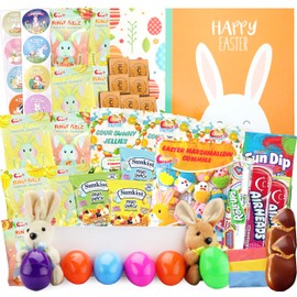 Easter Snack Yellow Box (58 Count) Filled with Treats, Peelable Gummies, Marshmallow Gummies, Bunny and More, Great Package for Family, Friends, Boys and Girls