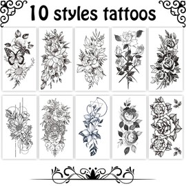 Cerlaza Temporary Tattoos for Women Adults, Fake Flower Tatuajes Temporales Semi Permanent Half Arm Sleeve Tattoos, Long Lasting Realistic Flower Leg makeup Waterproof Halloween Tattoos Stickers