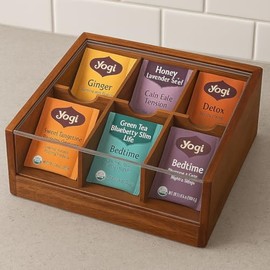 Acacia Wood Tea Bag Storage, 6 Compartments, Wooden Tea Box, Tea Organizer with Acrylic Transparent Hinge