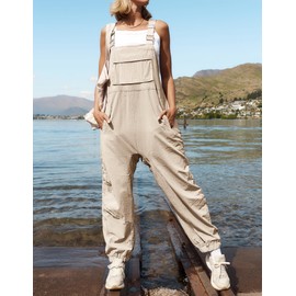 ZESICA Women's Sleeveless Overalls Jumpsuit Casual Loose Adjustable Straps Bib Long Pant Jumpsuits with Pockets,Apricot,Small