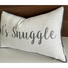 MANOJAVAYA Embroidered Lets Snuggle Quote Decorative Lumbar Accent Throw Pillow Cover - Decor for Living Room, Sofa, Chair, Patio, Car, Bench, Porch, Office, Bedroom - 12x20 Inches, Ivory-Grey