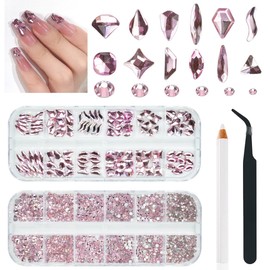 2250Pcs Pink Rhinestones Nail Crystals 120 Multi Shapes Flatback Light Pink Gems +2130 Round Beads K9 Glass Stones Diamonds Jewels Nail Art Supplies Nail Charms for Nails Faces Eyes Makeup Crafts DIY