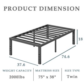 FSCHOS Twin-Bed-Frames / 18 Inch Metal-Bed-Frame-Twin/No Box Spring Needed/Easy Assembly/Reinforced Steel Slats Support/Heavy Duty Mattress Foundation/Noise Free/Black