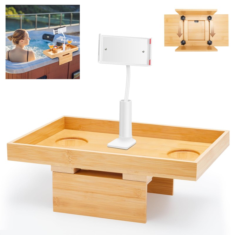 Beeveer Bamboo Adjustable Hot Tub Tray Table with Phone Holder,