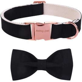 ARING PET Bowtie Dog Collar, Cotton Black Dog Collar with Bow, Adjustable Wedding Dog Collars Gift with Metal Buckle for Small Medium Large Boy and Girl Dogs