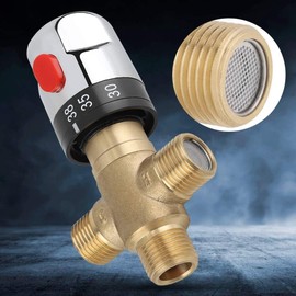 Uadme Thermostatic Mixer Valve, 3-Way Solid Brass 15 mm Sensitive Temperature Tube Thermostatic Mixer with 1/2 Inch G Connector for Bathrooms