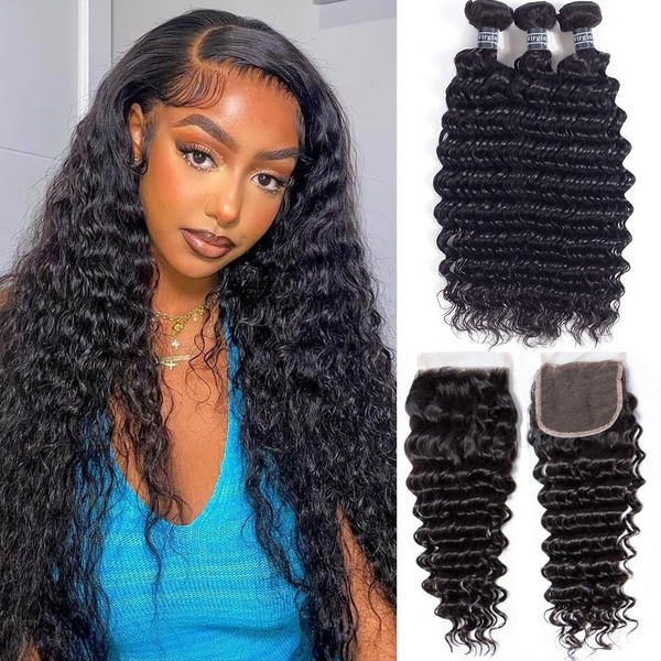 Amella Hair Brazilian Virgin Hair Deep Wave Bundles with Closure