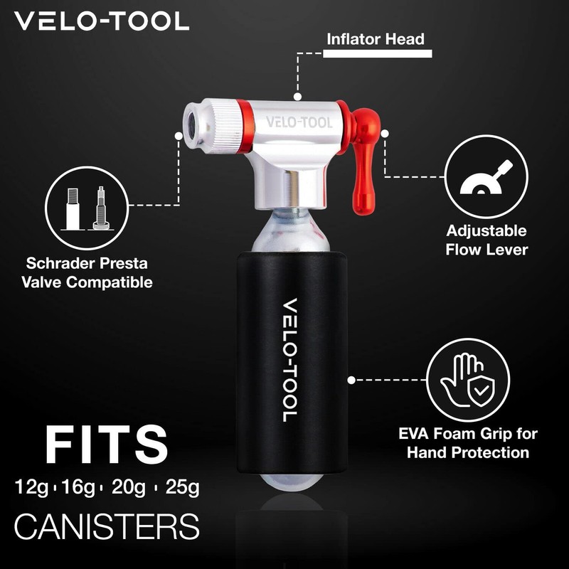 Velo-Tool™ CO2 Inflator Bike Pump – Premium Black/Red Silver/Red Quick