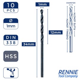 Box Of 10 x 1mm HSS Jobber Drill Bits - Black Roll Forged HSS-R for Carbon + Alloy Steel, Plastics & Wood. DIN338 (1mm x 34mm)