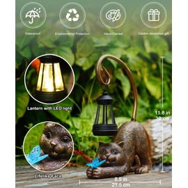 Acgarten Solar Garden Decor Statue for Ornament: Outside Sculptures Figurine for Art Patio Balcony Yard Lawn – Unique Birthday Gift for Lover Mom Women Grandma [Cat Tail with Lantern]
