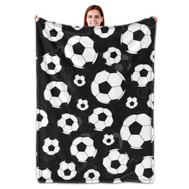 WFGUO Soccer Blanket, 60" x 80" Lightweight Soft Throw, Gifts for Soccer Lovers, Black