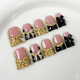 Handmade Press on Nails Medium Almond Fake Nails French Black Gold False Nails Luxury Bow Rhinestone Glitter Charm Full Cover Glue on Nails Stick on Nails Acrylic Nails for Women Girls (Charm Bow S)