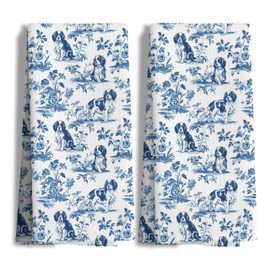Nipil Chinoiserie Cavalier King Charles Spaniel Kitchen Towels Set of 2, Blue and White Floral Cavalier Spaniel Decor, Grandmillennial Dog Hand Towels for Kitchen Bathroom, 16x24 Inch