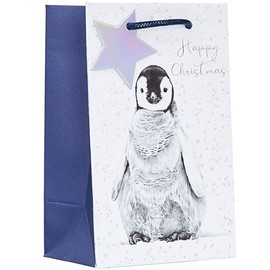 Design By Violet Happy Christmas Penguin Design Gift Bag with Gift Tag - White/Blue - Small - Gift Bag for Christmas, Gift Wrap, Christmas Wrapping Paper, Xmas, Festive Gift Bag