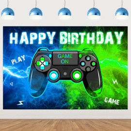 Video Game Happy Birthday Backdrop Blue and Green Video Game Happy Birthday Decorations Backdrop Banner Neon Glow Game On Level Up Birthday Party Decorations Game Player Birthday Party Supplies