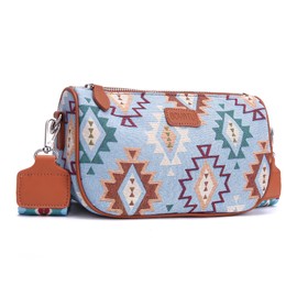 Small Western Crossbody Bag for Women: Boho Shoulder Purse With Wide Strap & Leather Bottom for Daily, Vintage Gift, Aztec Denim Blue