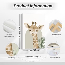 Nursery Animal Wall Art Decor Safari Jungle Nursery Pictures Baby Boy Room Canvas Wall Decor Woodland Animals Prints Safari Giraffe Artwork for Boys Kids Bedroom 12x16 Inch Wrapped Canvas Set of 3