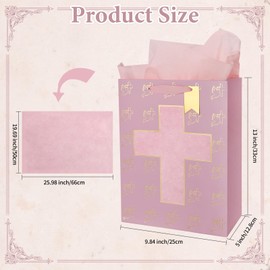 Rotel Pink Gift Bag Cross Design with Tissue Paper for Baby Girl Baptisms,Christenings,Baby Shower,First Communions Dedication Gifts for Religious Catholic Occasion- 10" x 5" x 13"