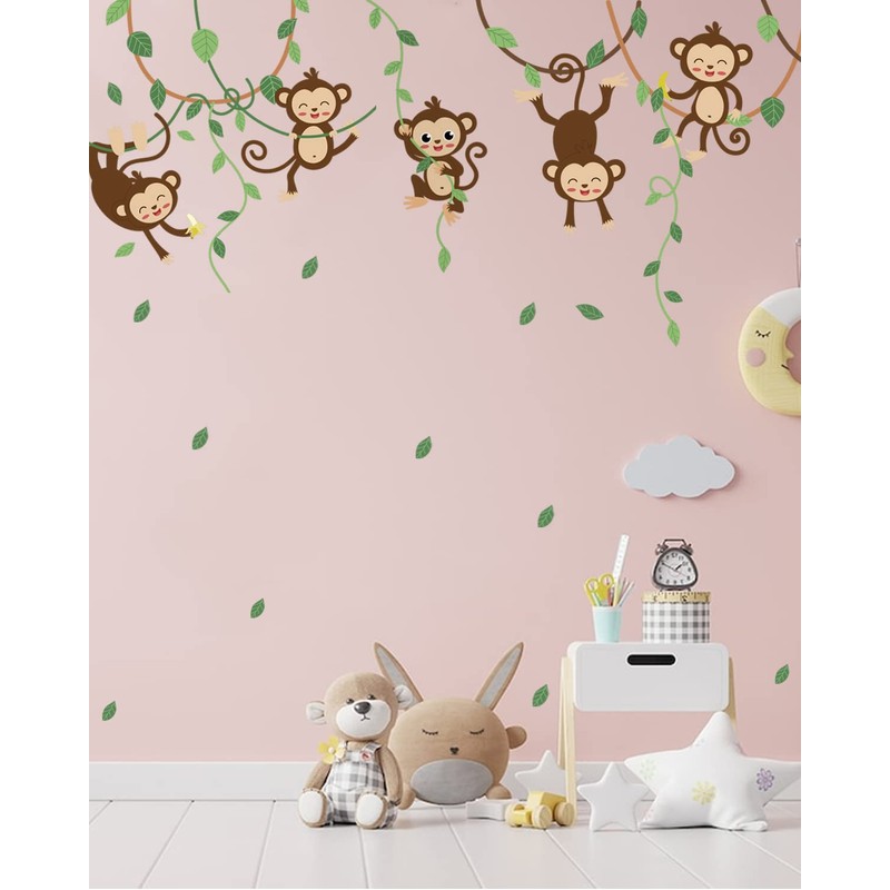 Green Vines Climbing Monkeys Wall Decals Peel and Stick Removable