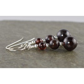 Graduated Dark Red Garnet Gemstone & Sterling Silver Hook Drop Earrings with Gift Box - January Birthstone