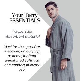 TOWELNROBE - Turkish Terry Bathrobe – Cotton Bathrobe for Men – Luxury Kimono Spa Robe – Soft and Fast Absorbent Bathrobes – Longwear Terry Bath Robe with Belt & Two Pockets-(Medium- Gray)