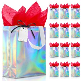 KeerxunBag Rainbow Glitter Reusable Gift Bags Set (12-Pack) - Includes Ribbons, Gift Tags, Thick Cardstock and Red Tissue Paper - 10x4x8 Inches with Handles Festive/Wedding Gift Wrapping Kit