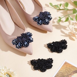 PLIGREAT 2 Pairs Vintage Beading Shoe Patches Flower Shape Shoe Charms Elegant Women Shoes Decoration for High Heels Wedding Party Prom Charm Accessories, Black and Navy Blue
