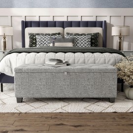 24/7 Shop at Home Sacallant Modern Linen Storage Bench with Button-Tufted Lift-Top, Upholstered Footstool, Rectangular Ottoman for Living Room, Bedroom, Entryway, Light Grey