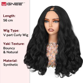 WIGNEE V Part Yaki Curly Wig Natural Look for Women Daily Wear 1B 56 cm