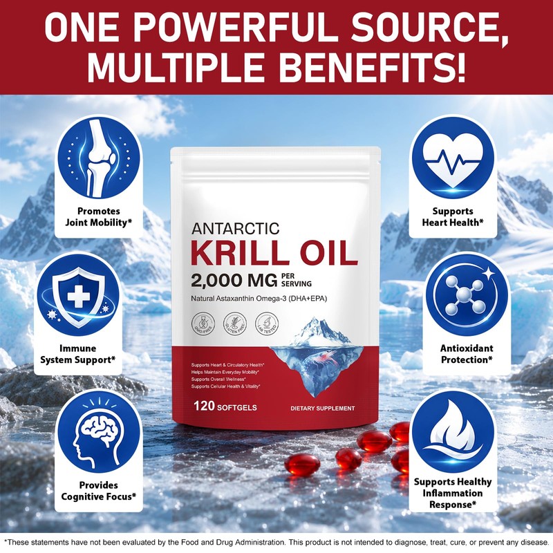 Antarctic Krill Oil 2000mg Softgels with Omega-3s EPA, DHA, Astaxanthin